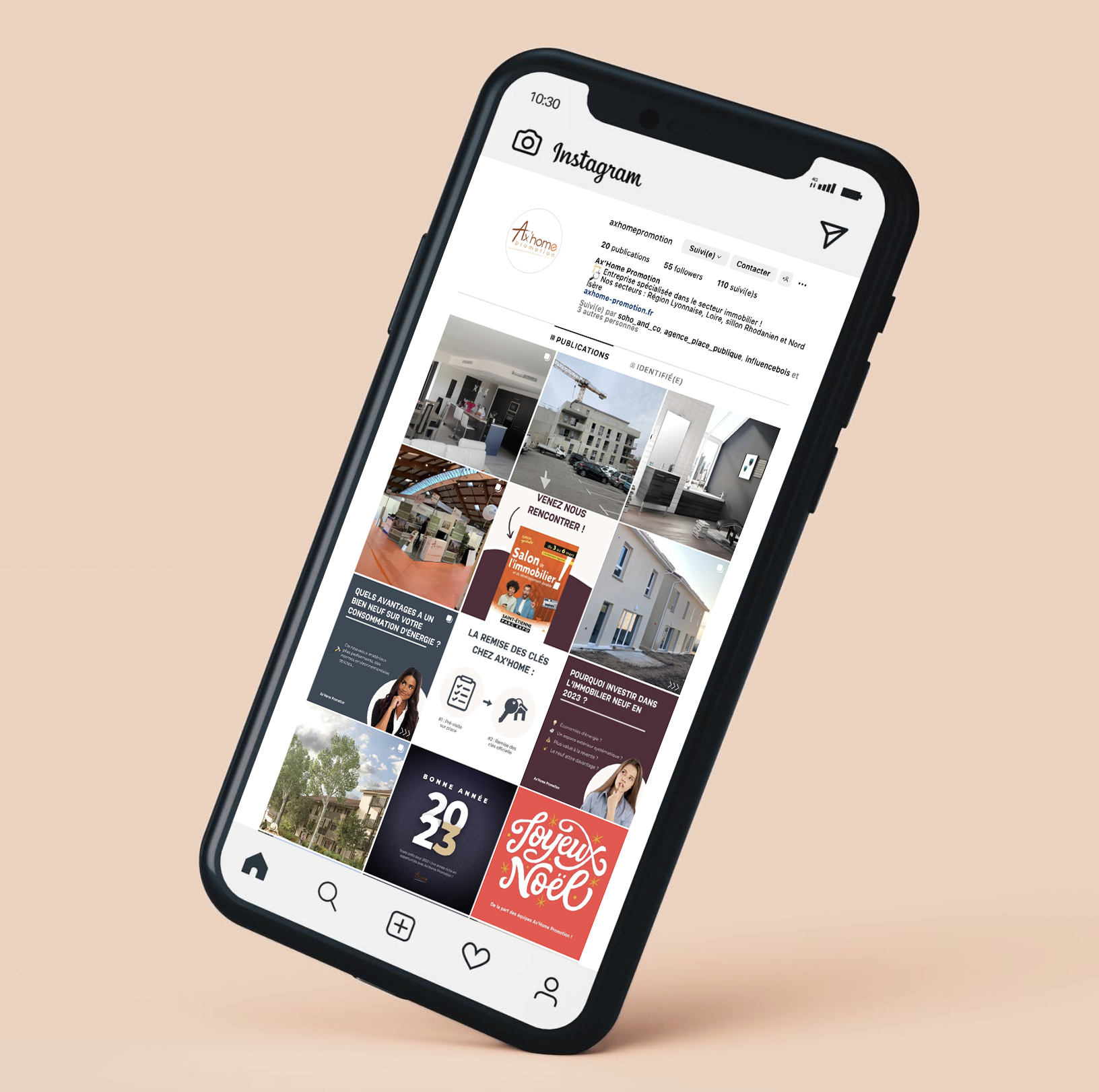 Mise en place d'un calendrier éditorial - 4 posts/mois qui traitent de l'actualité de l'immobilier, de ses nouvelles tendances mais aussi des nouveautés de Ax'Home Promotion/ Création des posts, rédaction et programmation sur les comptes Facebook, Instagram et Linkedin du client